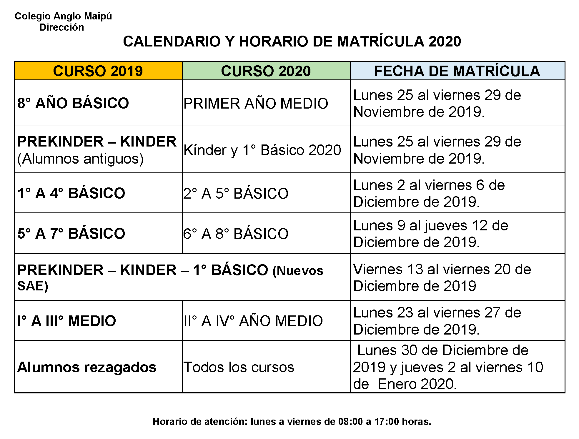 CALENDARIO Y HORARIO DE MATRÍCULA 2020
